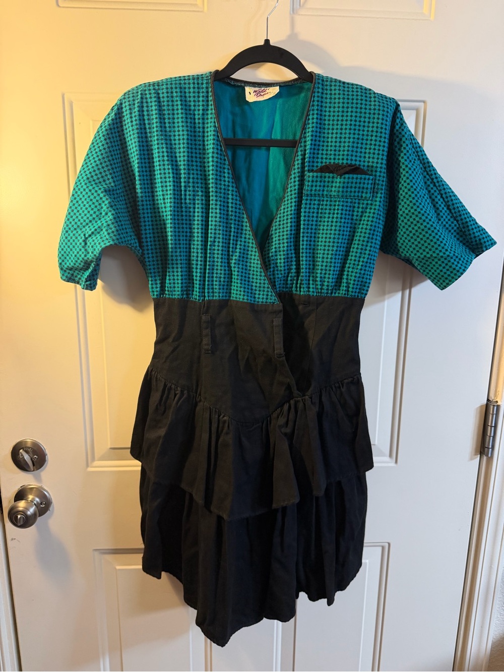 Vintage Teal Black Peplum Dress Women’s Large Retro Office Siren